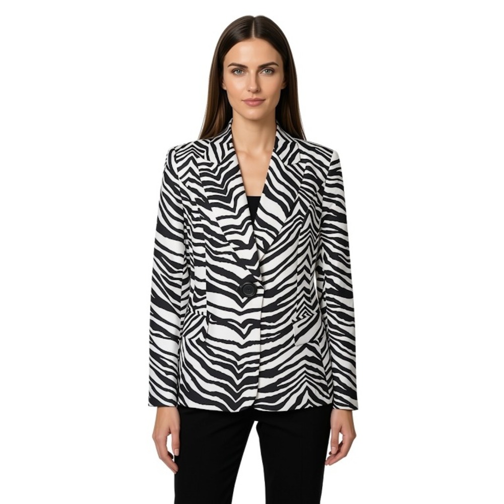 Neiman Marcus Exclusive 100% Silk Zebra Print Blazer Black White Size 14